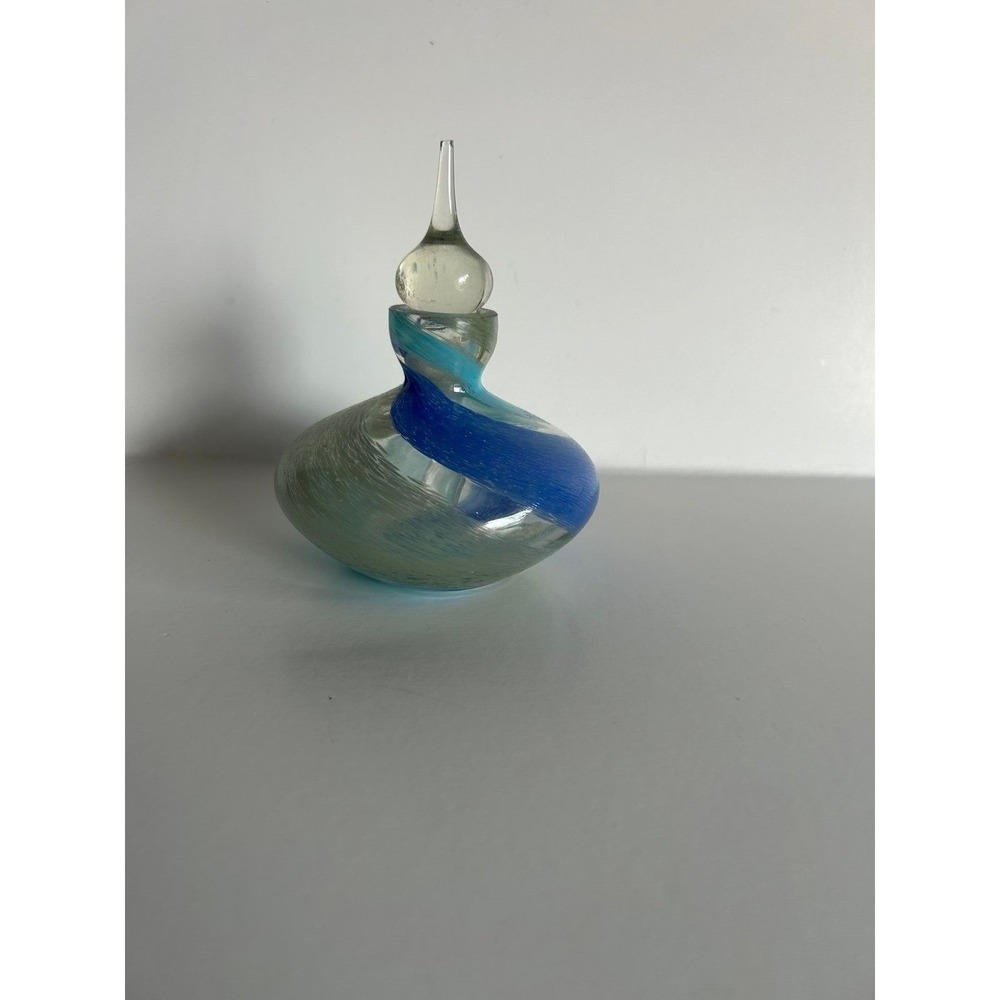 Art Glass Perfume Bottle Cobalt Blue Aqua Swirl with Stopper